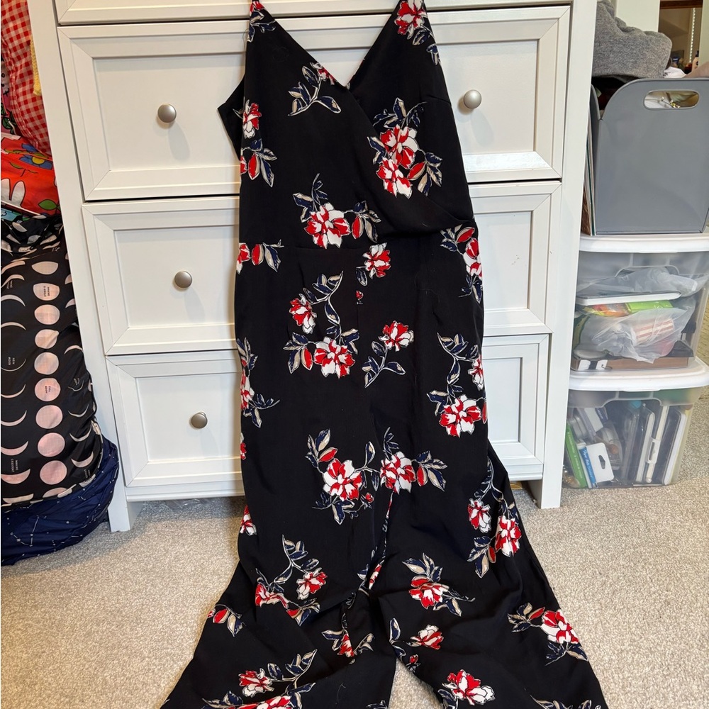 Le Chateau Black Jumpsuit with Red Floral Design